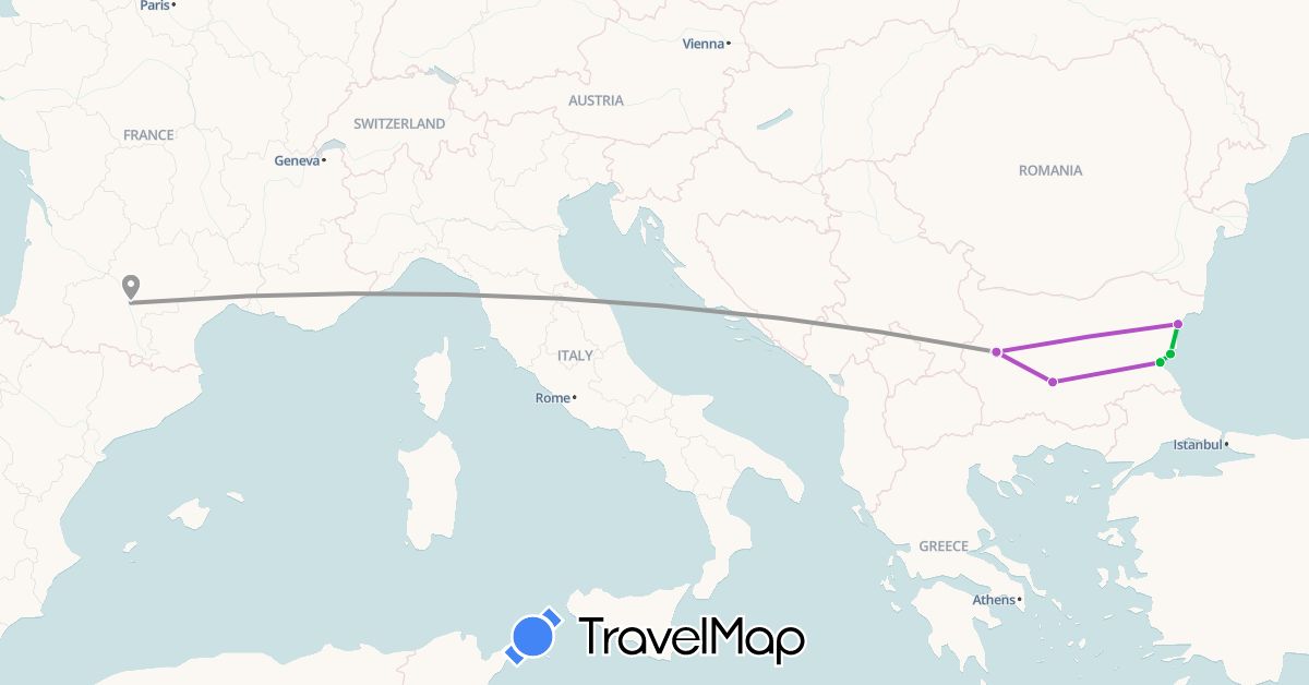 TravelMap itinerary: driving, bus, plane, train in Bulgaria, France (Europe)